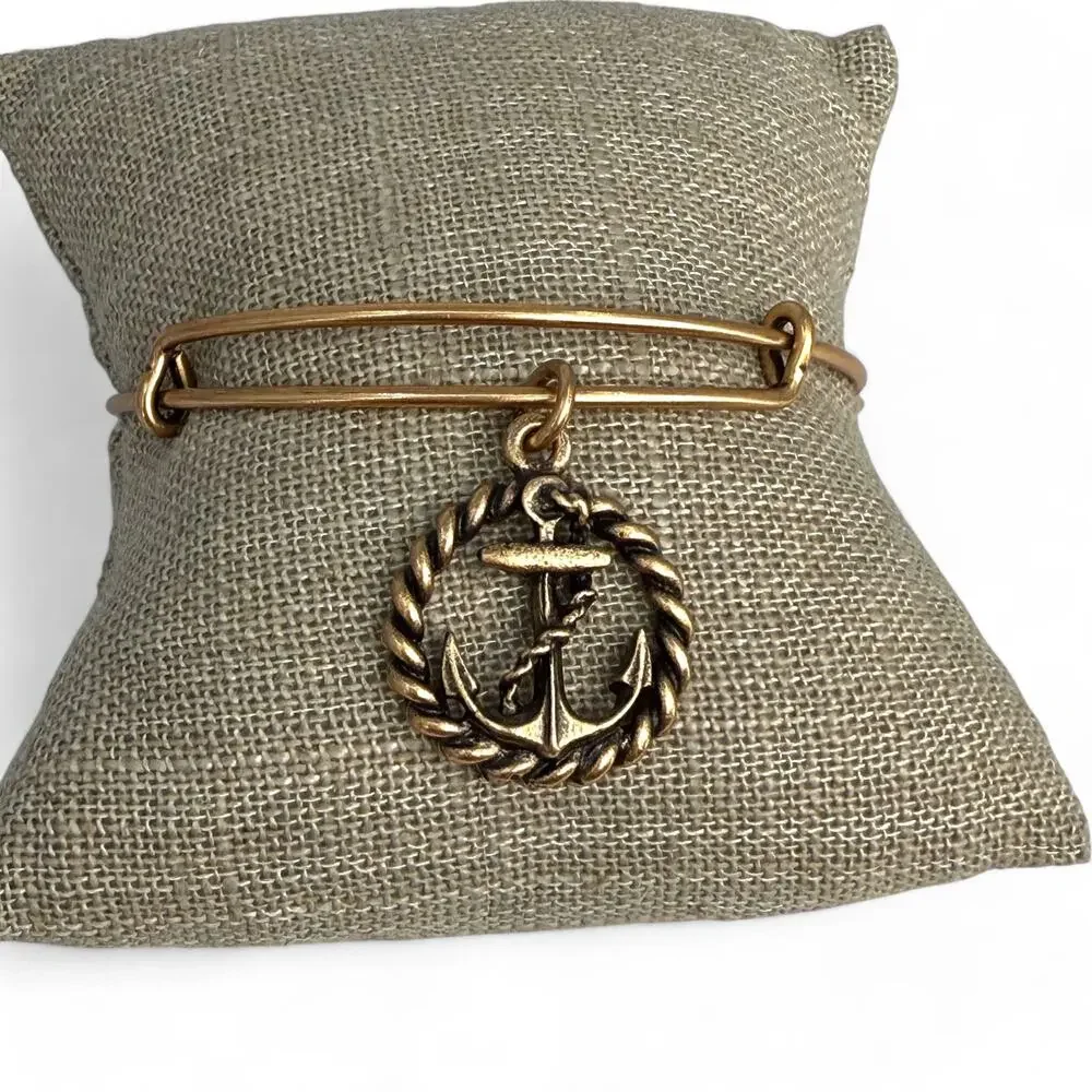 Alex and Ani Anchor and Rope Gold Tone Bangle Bracelet Nautical